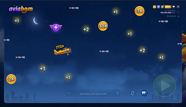 Aviabom desktop play field with aircraft and multiplier icons