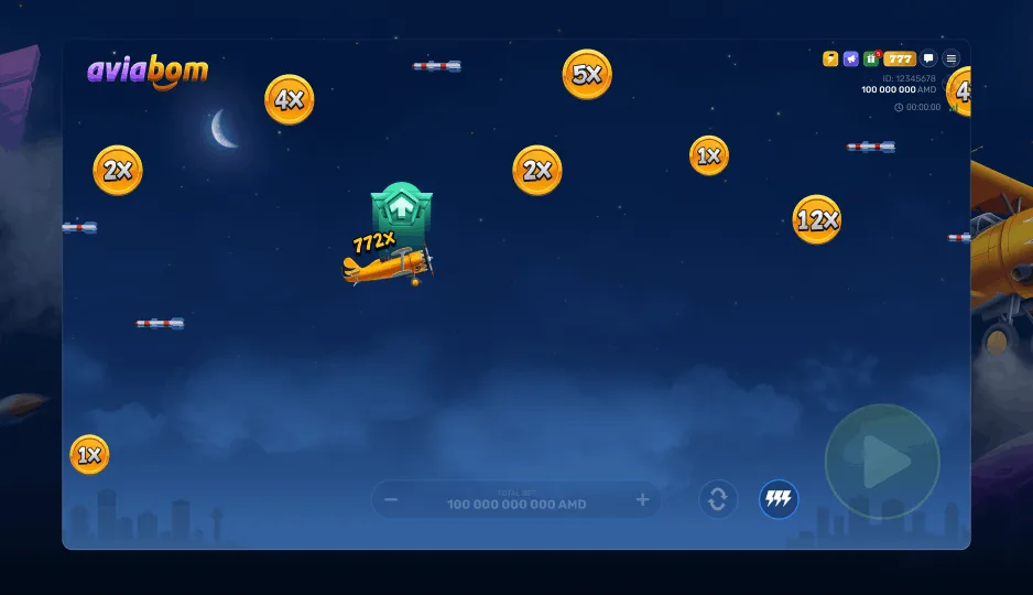 Aviabom landing outcome view with multiplier display